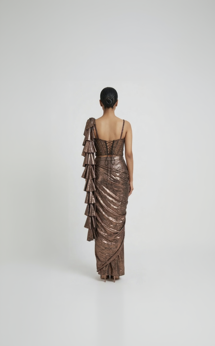 GOLD SHIMMER CORSET PRE DRAPED SAREE
