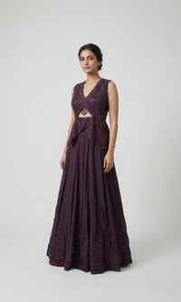 PUPRLE EMBROIDERED LONG TOP LEHENGA SET