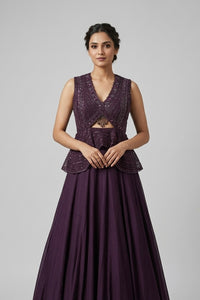 PUPRLE EMBROIDERED LONG TOP LEHENGA SET