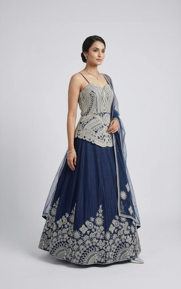 BLUE EMBROIDERED LONG TOP LEHENGA CHOLI
