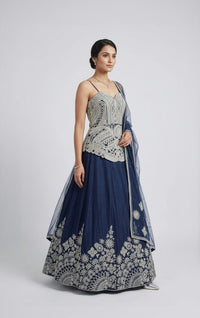 BLUE EMBROIDERED LONG TOP LEHENGA CHOLI