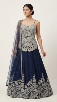 BLUE EMBROIDERED LONG TOP LEHENGA CHOLI