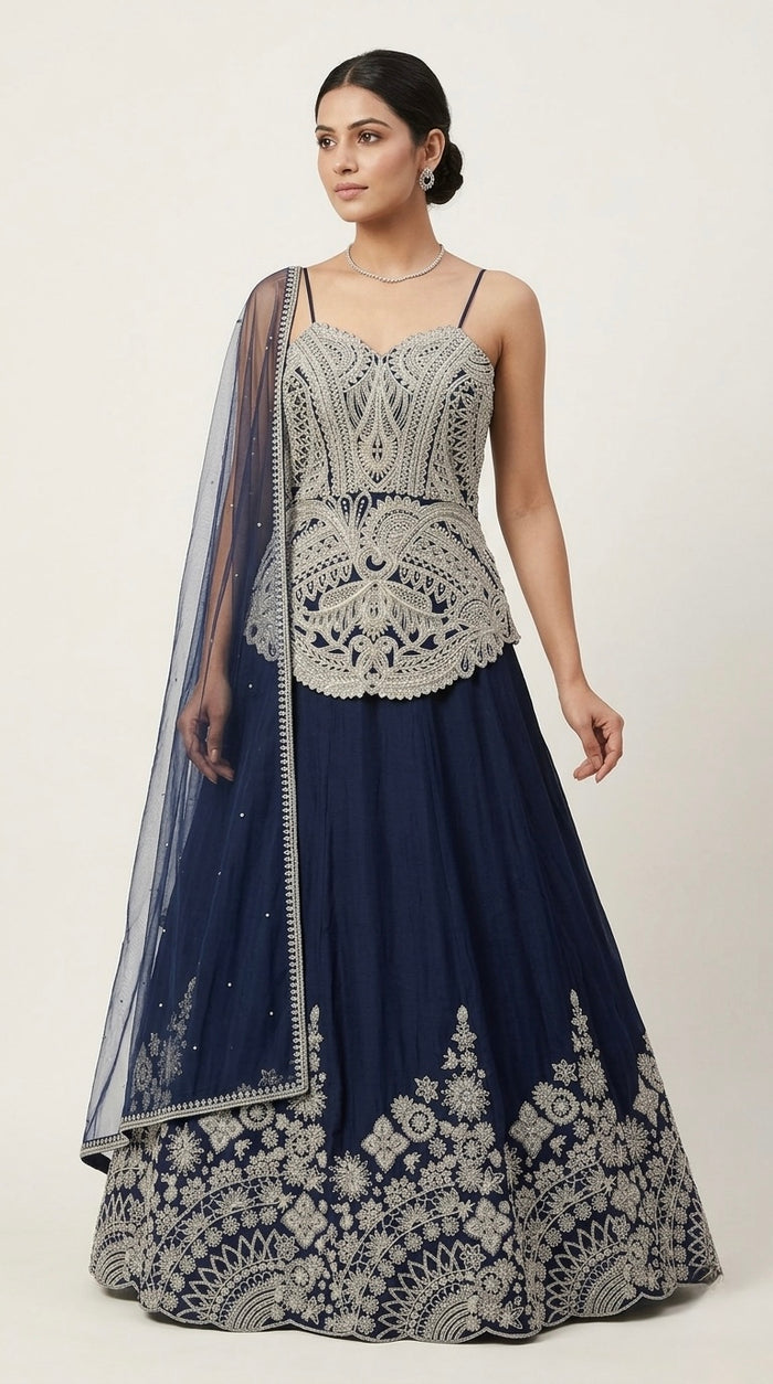 BLUE EMBROIDERED LONG TOP LEHENGA CHOLI