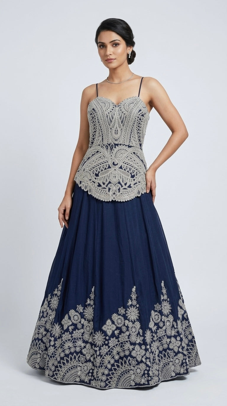 BLUE EMBROIDERED LONG TOP LEHENGA CHOLI