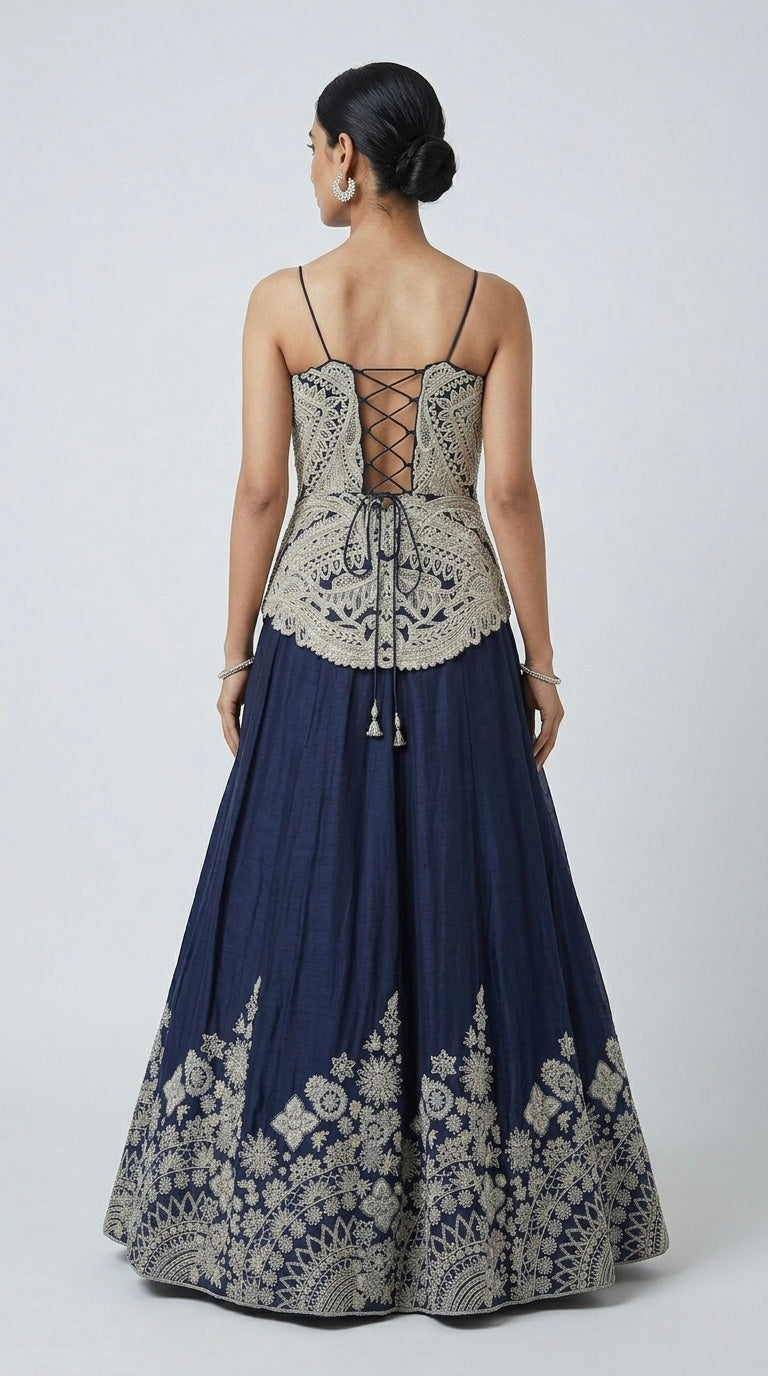 BLUE EMBROIDERED LONG TOP LEHENGA CHOLI
