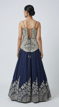 BLUE EMBROIDERED LONG TOP LEHENGA CHOLI