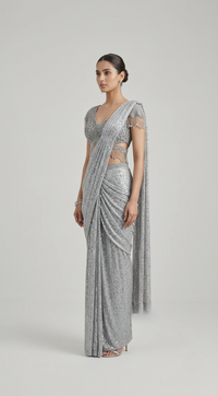 GREY PRE DRAPED SAREE WITH EMBELLISHED BLOUSE