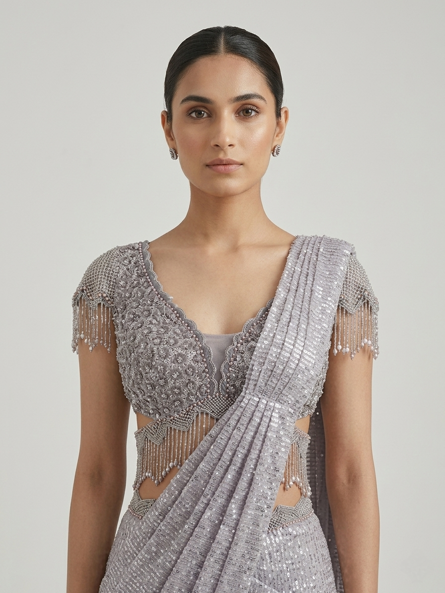 GREY PRE DRAPED SAREE WITH EMBELLISHED BLOUSE