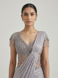 GREY PRE DRAPED SAREE WITH EMBELLISHED BLOUSE