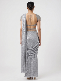 GREY PRE DRAPED SAREE WITH EMBELLISHED BLOUSE