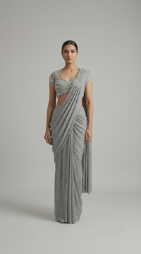 GREY NET PRE DRAPED SAREE WITH CRYSTAL EMBELLISHED BLOUSE