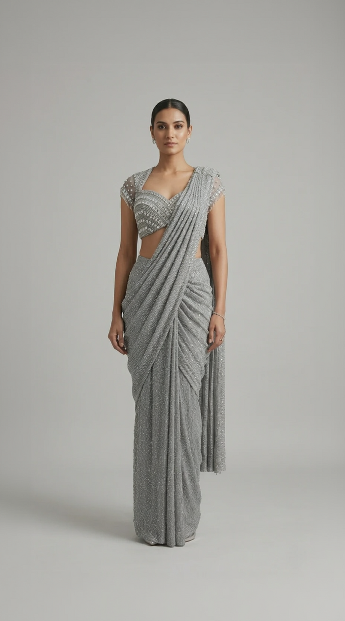 GREY NET PRE DRAPED SAREE WITH CRYSTAL EMBELLISHED BLOUSE