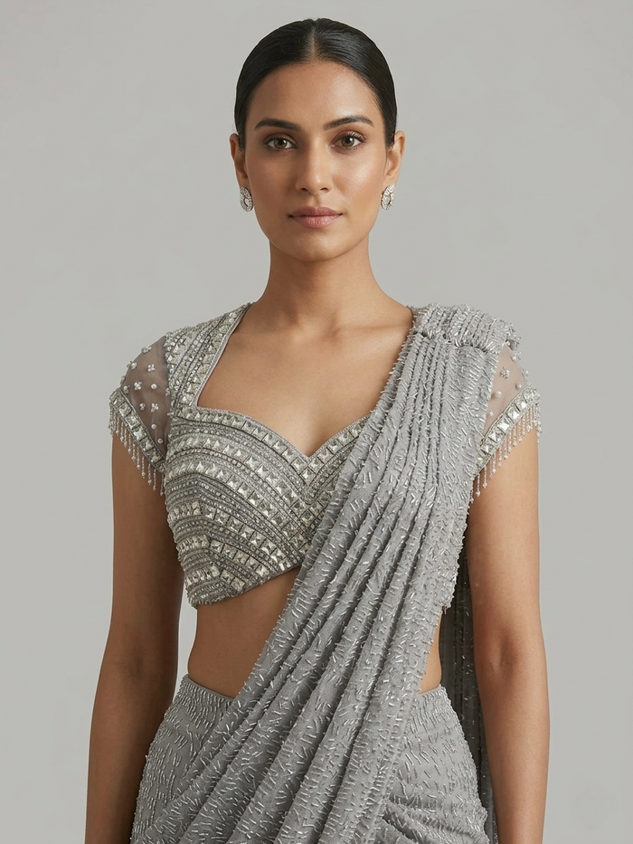GREY NET PRE DRAPED SAREE WITH CRYSTAL EMBELLISHED BLOUSE