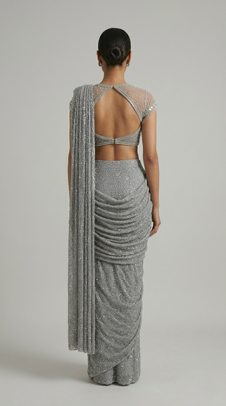 GREY NET PRE DRAPED SAREE WITH CRYSTAL EMBELLISHED BLOUSE