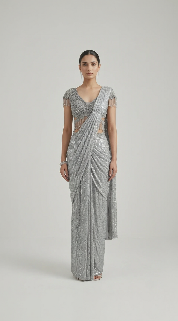 GREY PRE DRAPED SAREE WITH EMBELLISHED BLOUSE