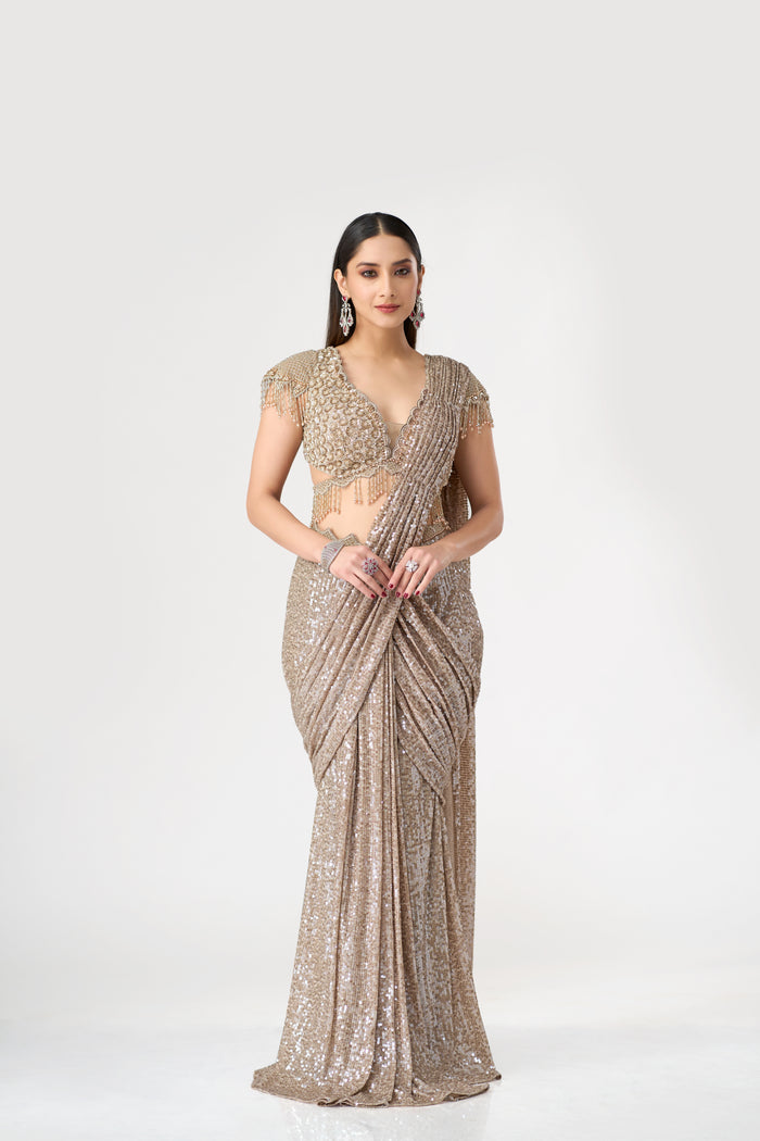 CHAMPAGNE GOLD PRE DRAPED SAREE WITH EMBELLISHED BLOUSE | Nishly Fashion House