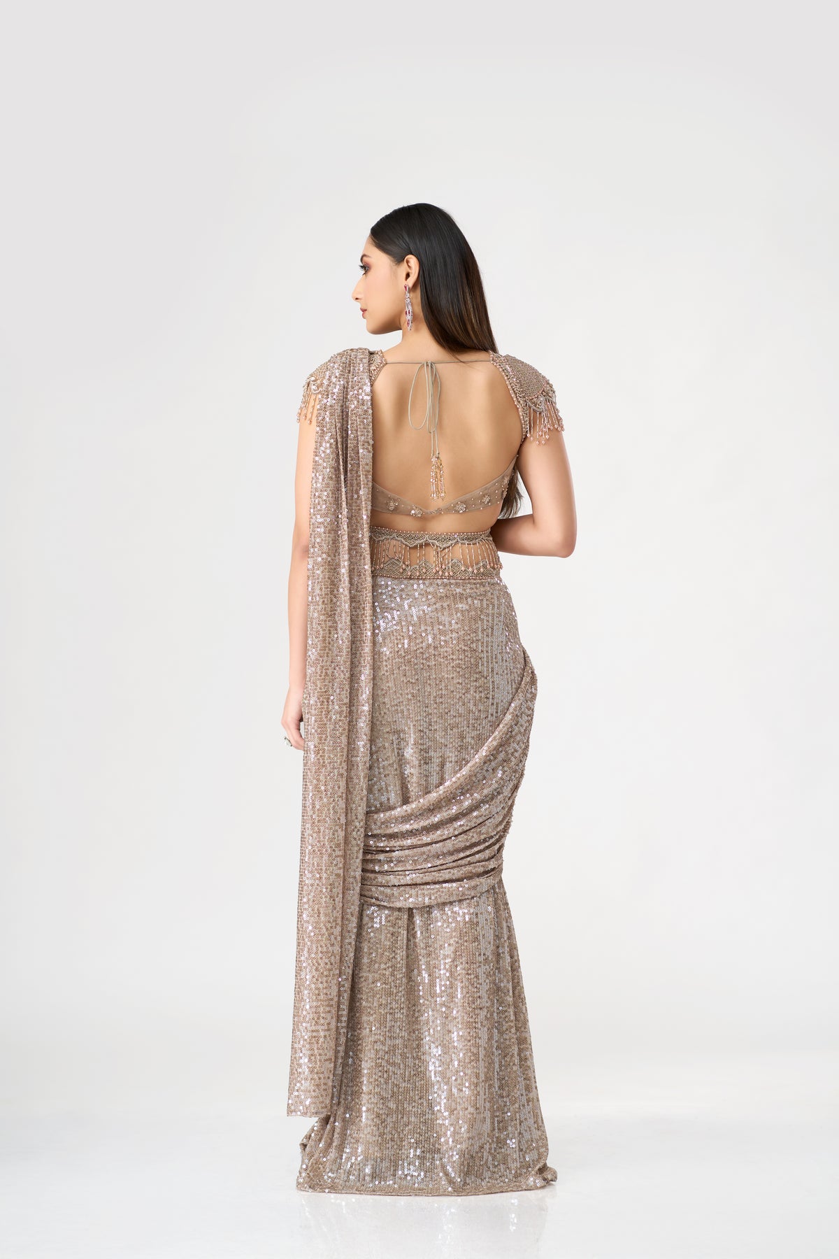 CHAMPAGNE GOLD PRE DRAPED SAREE WITH EMBELLISHED BLOUSE | Nishly Fashion House