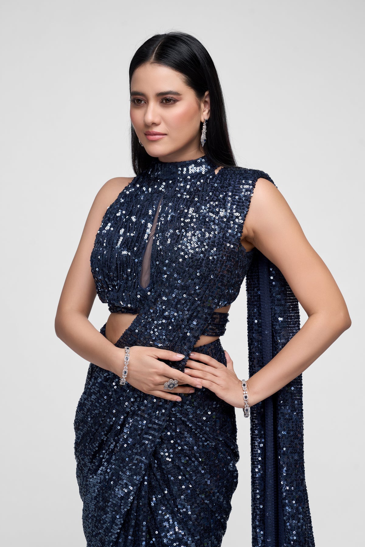 Designer blue ready-to-wear saree set for sangeet, wedding and festive occasions