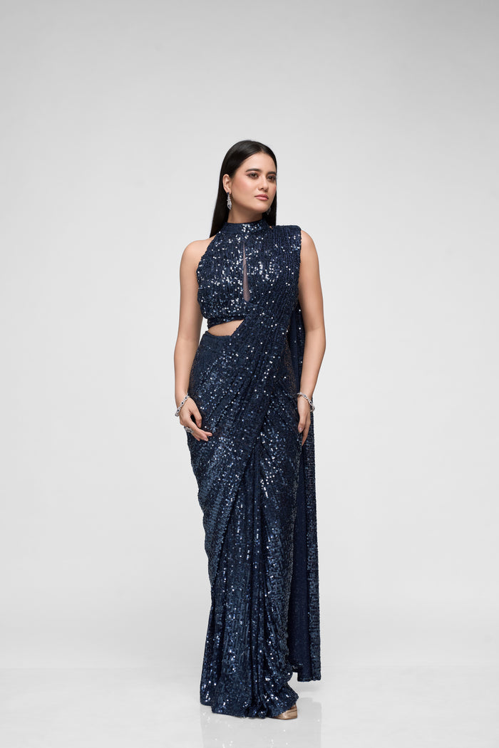 Blue ready-to-wear sequin saree set for wedding and reception wear