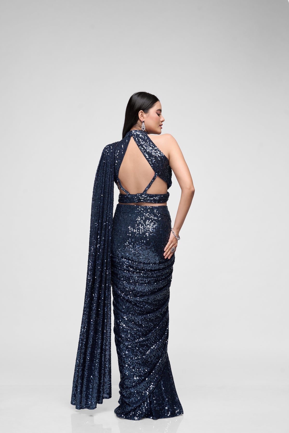 Blue embellished sequin saree for reception, cocktail parties and modern Indian festive wear