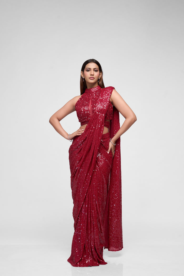 Maroon ready-to-wear sequin saree for wedding and reception wear
