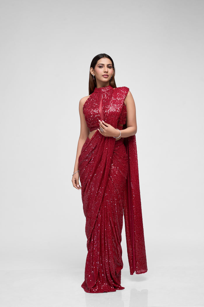 Maroon sequin saree with elegant shimmer for cocktail parties and festive occasions
