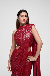 Designer maroon ready-to-wear saree for sangeet, wedding and party wear