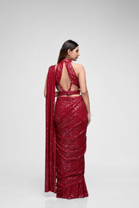 Maroon embellished sequin saree for reception, cocktail and festive Indian wear