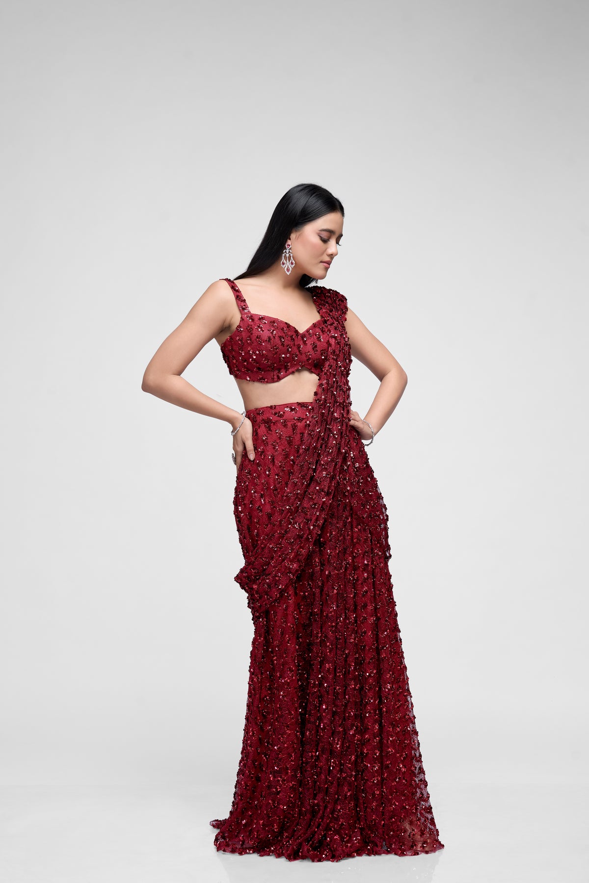 Designer red pre-draped saree set for cocktail parties and evening events