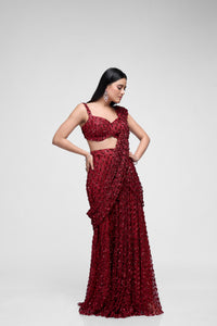 Designer red pre-draped saree set for cocktail parties and evening events