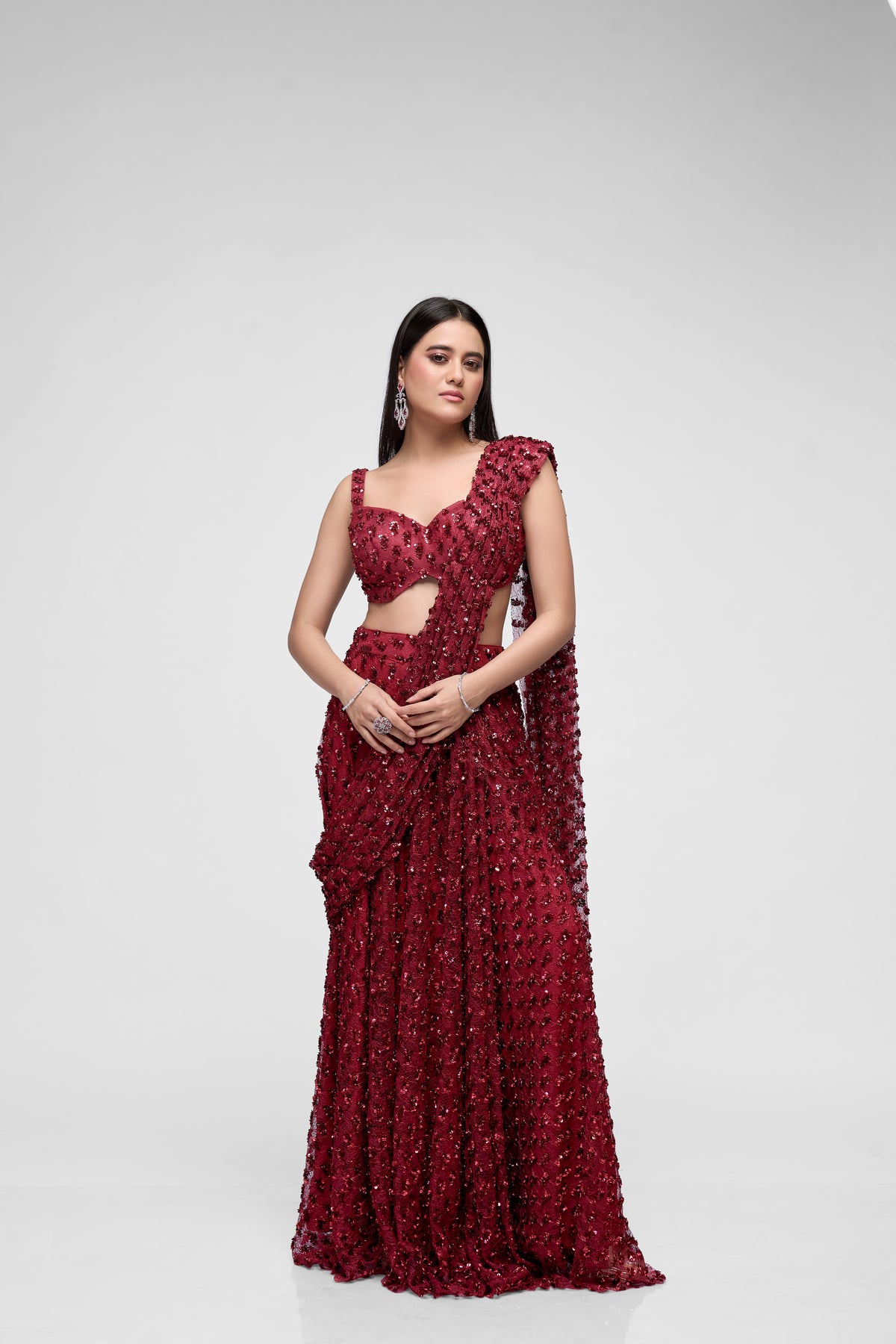 Red sequin embroidered pre-draped saree set for cocktail and party wear