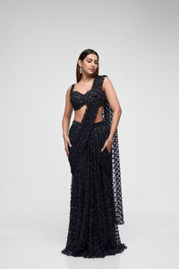 Black sequin embroidered pre-draped saree set for cocktail and party wear