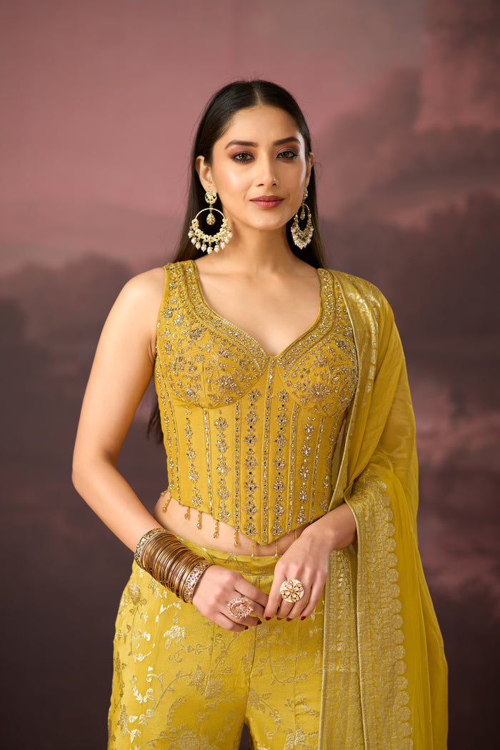 YELLOW MIRROR EMBROIDERED BANARASI CORSET SHARARA SET | Nishly Fashion House