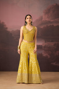 YELLOW MIRROR EMBROIDERED BANARASI CORSET SHARARA SET | Nishly Fashion House