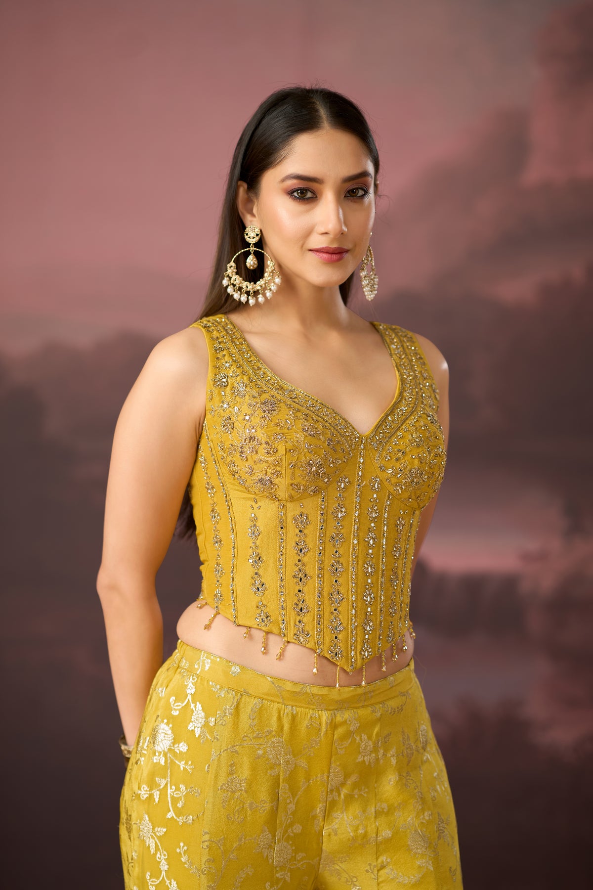 YELLOW MIRROR EMBROIDERED BANARASI CORSET SHARARA SET | Nishly Fashion House