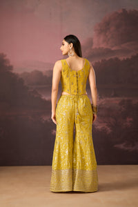 YELLOW MIRROR EMBROIDERED BANARASI CORSET SHARARA SET | Nishly Fashion House