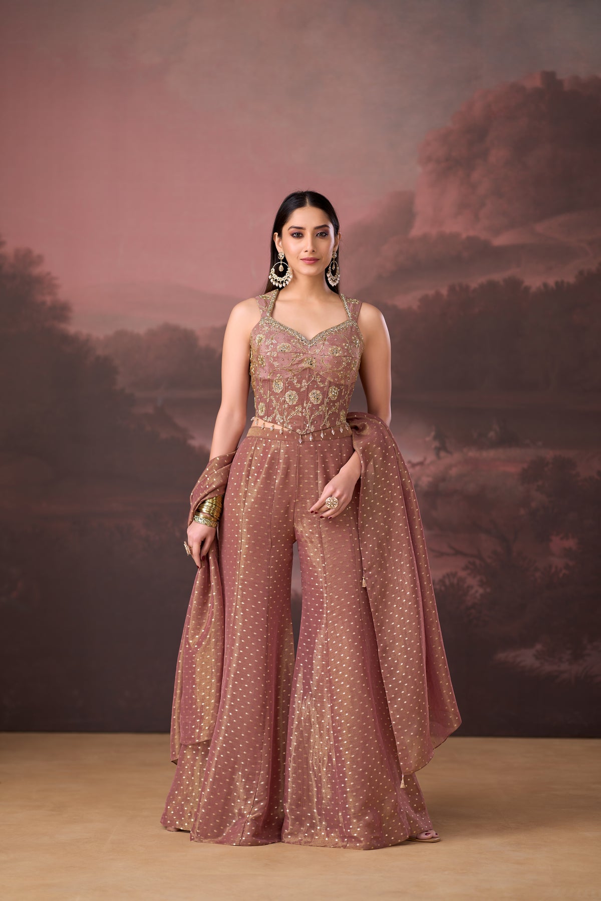 LAVENDER MIRROR EMBROIDERED BANARASI TISSUE SILK CORSET SHARARA SET | Nishly Fashion House