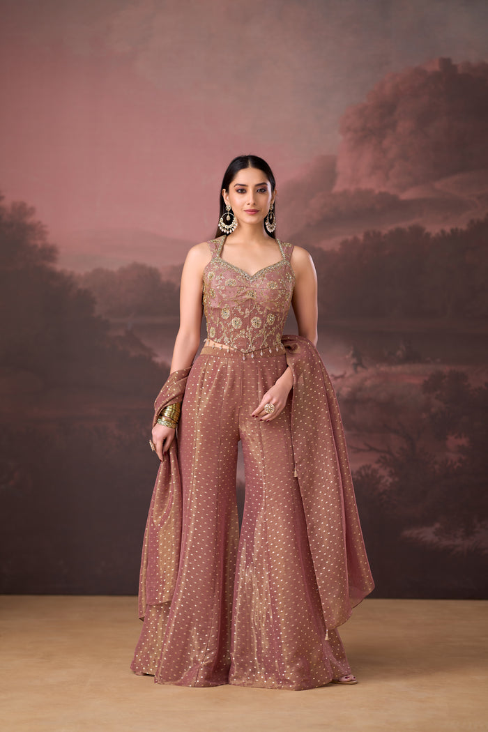 LAVENDER MIRROR EMBROIDERED BANARASI TISSUE SILK CORSET SHARARA SET | Nishly Fashion House