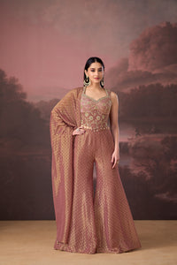 LAVENDER MIRROR EMBROIDERED BANARASI TISSUE SILK CORSET SHARARA SET | Nishly Fashion House