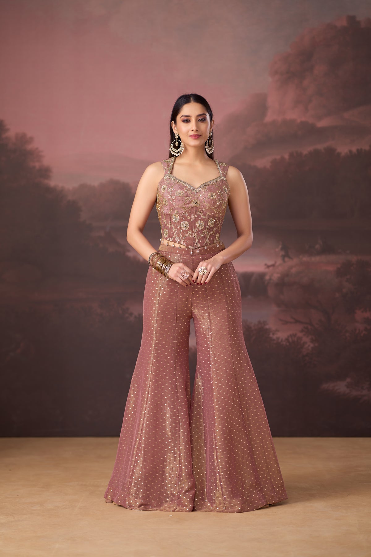 LAVENDER MIRROR EMBROIDERED BANARASI TISSUE SILK CORSET SHARARA SET | Nishly Fashion House