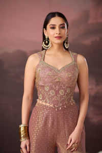 LAVENDER MIRROR EMBROIDERED BANARASI TISSUE SILK CORSET SHARARA SET | Nishly Fashion House