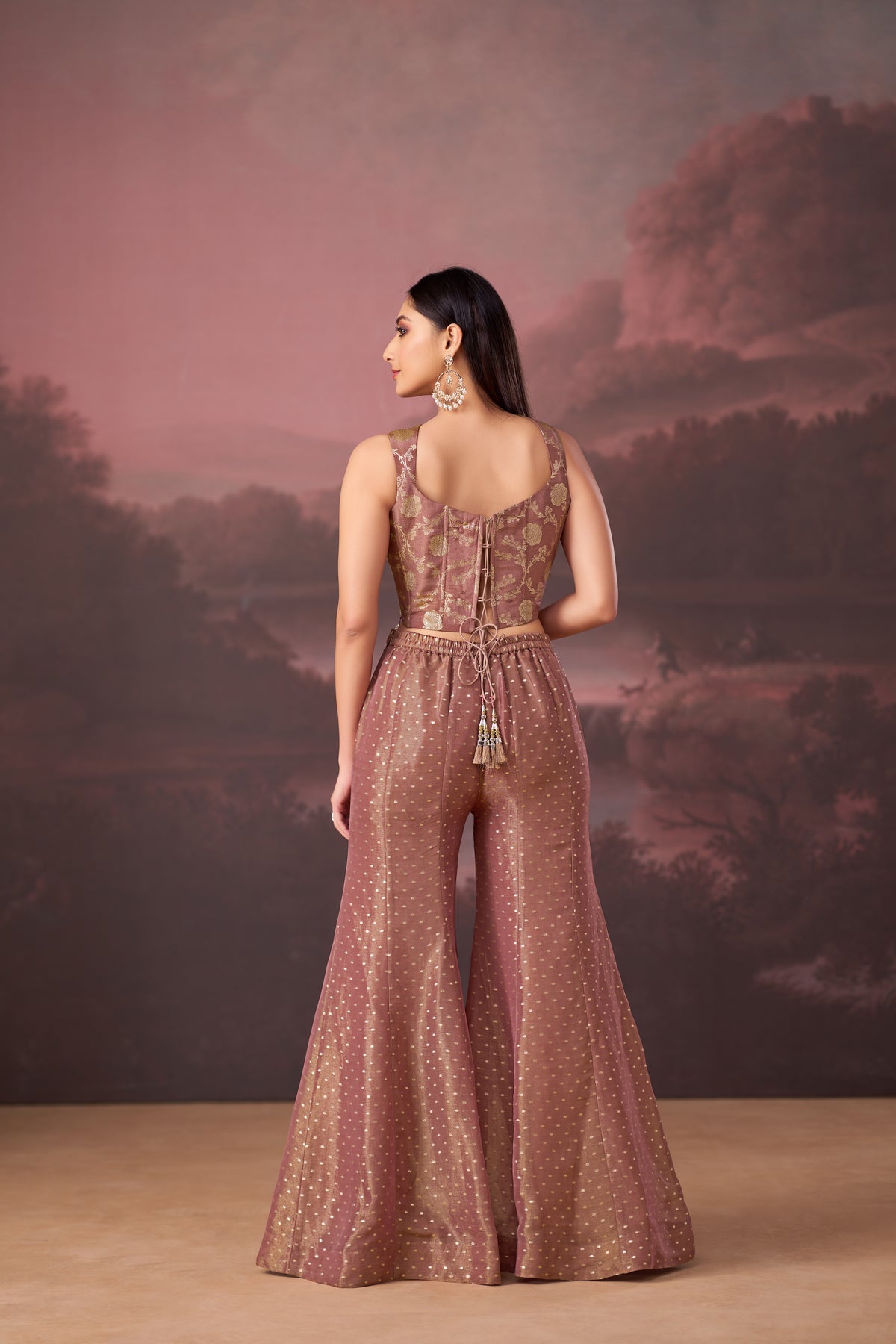 LAVENDER MIRROR EMBROIDERED BANARASI TISSUE SILK CORSET SHARARA SET | Nishly Fashion House