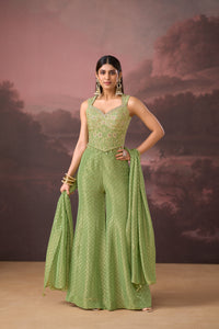 GREEN MIRROR EMBROIDERED BANARASI TISSUE SILK CORSET SHARARA SET | Nishly Fashion House