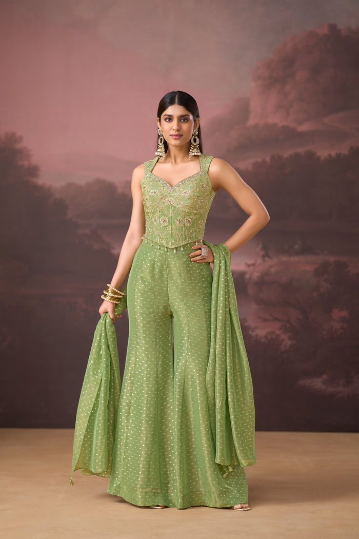GREEN MIRROR EMBROIDERED BANARASI TISSUE SILK CORSET SHARARA SET | Nishly Fashion House