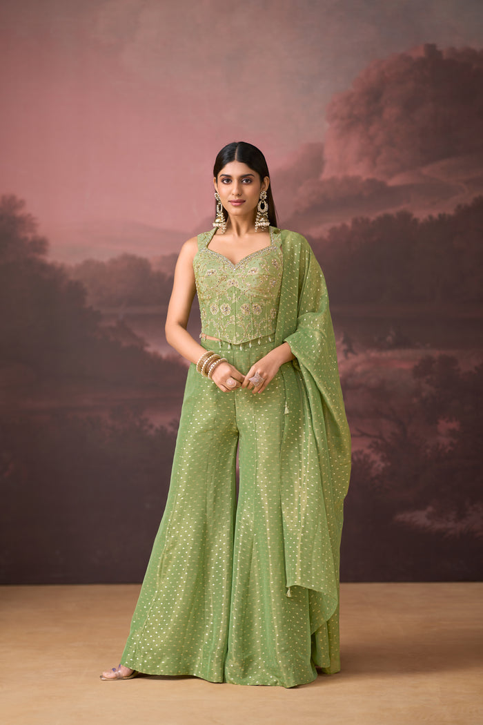 GREEN MIRROR EMBROIDERED BANARASI TISSUE SILK CORSET SHARARA SET | Nishly Fashion House