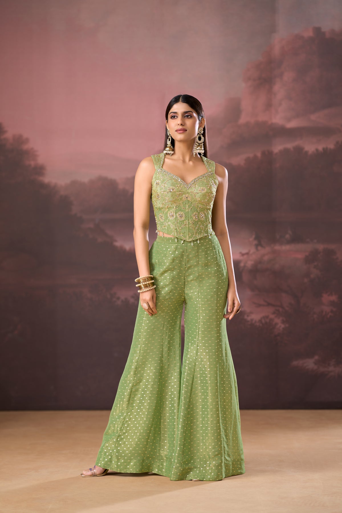 GREEN MIRROR EMBROIDERED BANARASI TISSUE SILK CORSET SHARARA SET | Nishly Fashion House