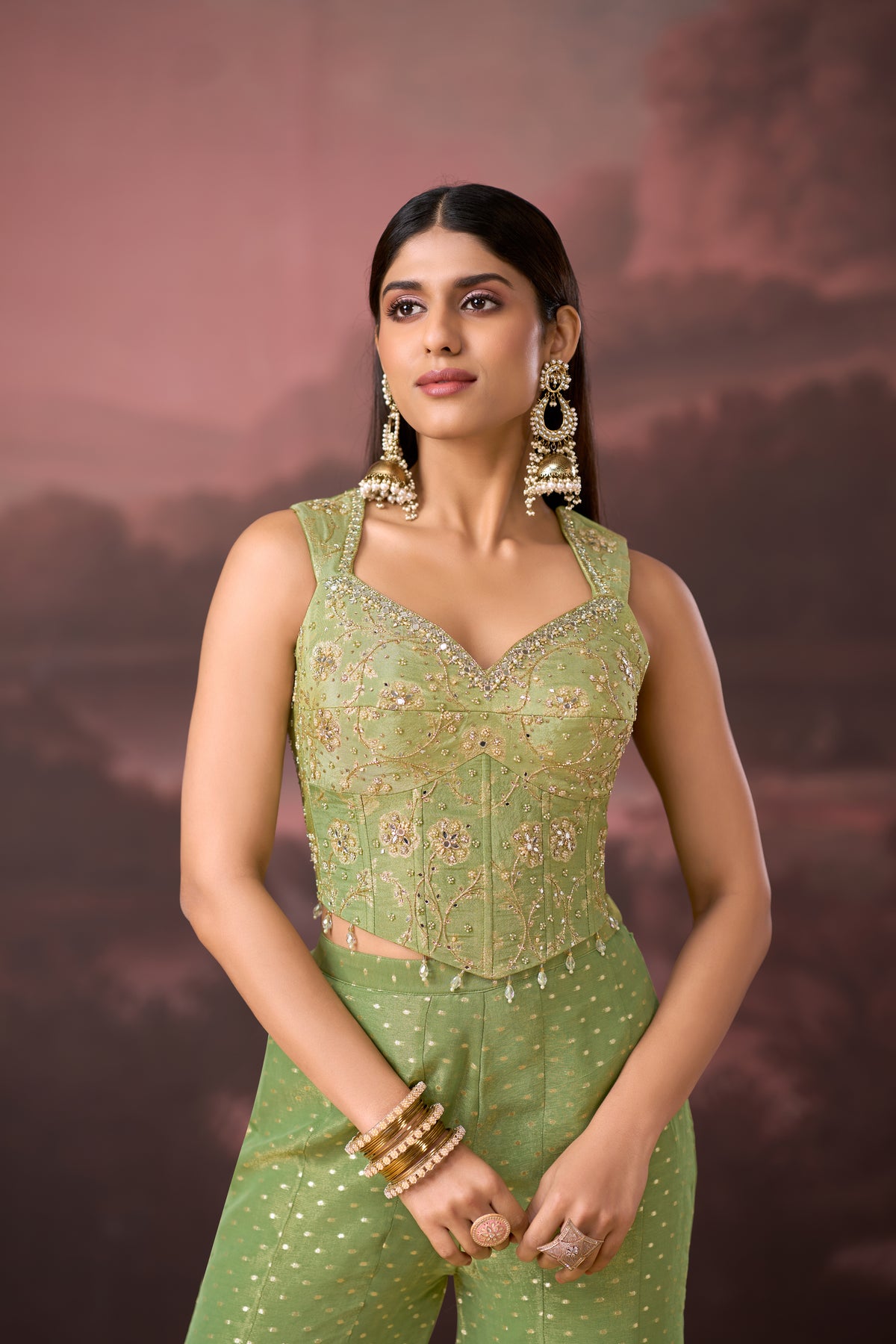GREEN MIRROR EMBROIDERED BANARASI TISSUE SILK CORSET SHARARA SET | Nishly Fashion House
