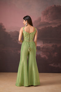 GREEN MIRROR EMBROIDERED BANARASI TISSUE SILK CORSET SHARARA SET | Nishly Fashion House