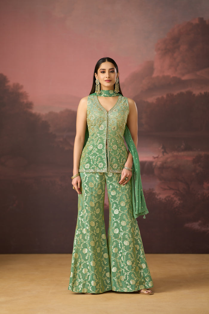 GREEN BANARASI MIRROR EMBROIDERED TISSUE SILK SHARARA SET | Nishly Fashion House