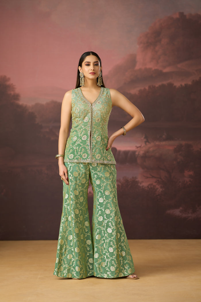 GREEN BANARASI MIRROR EMBROIDERED TISSUE SILK SHARARA SET | Nishly Fashion House